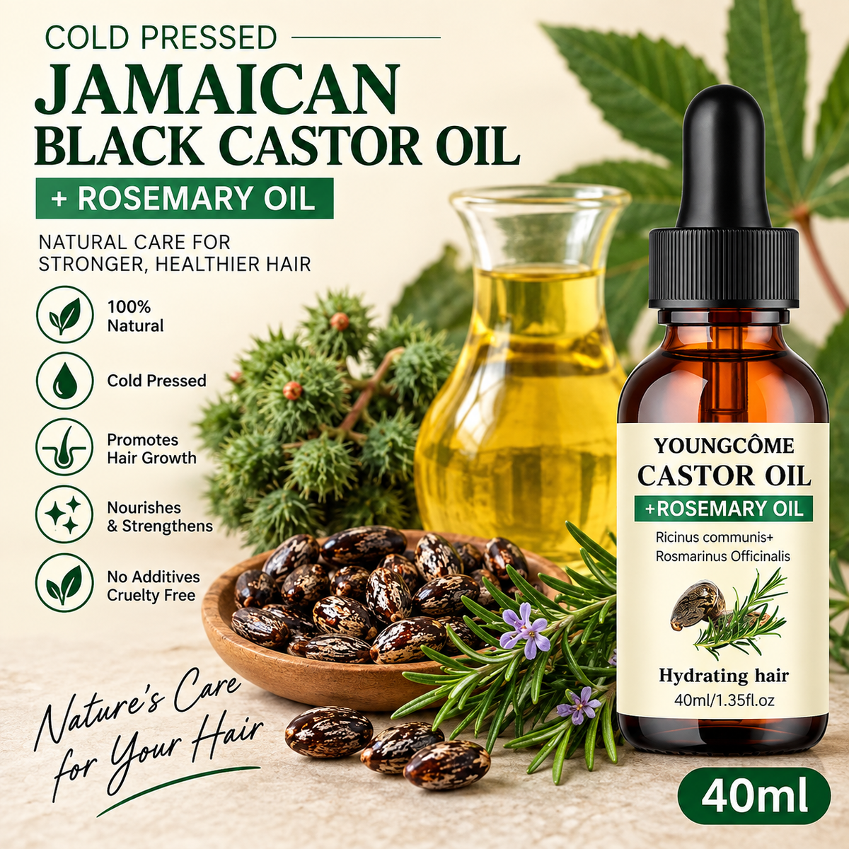 Mix Castor Oil and Rosemary Oil for Hair Growth 40 ML